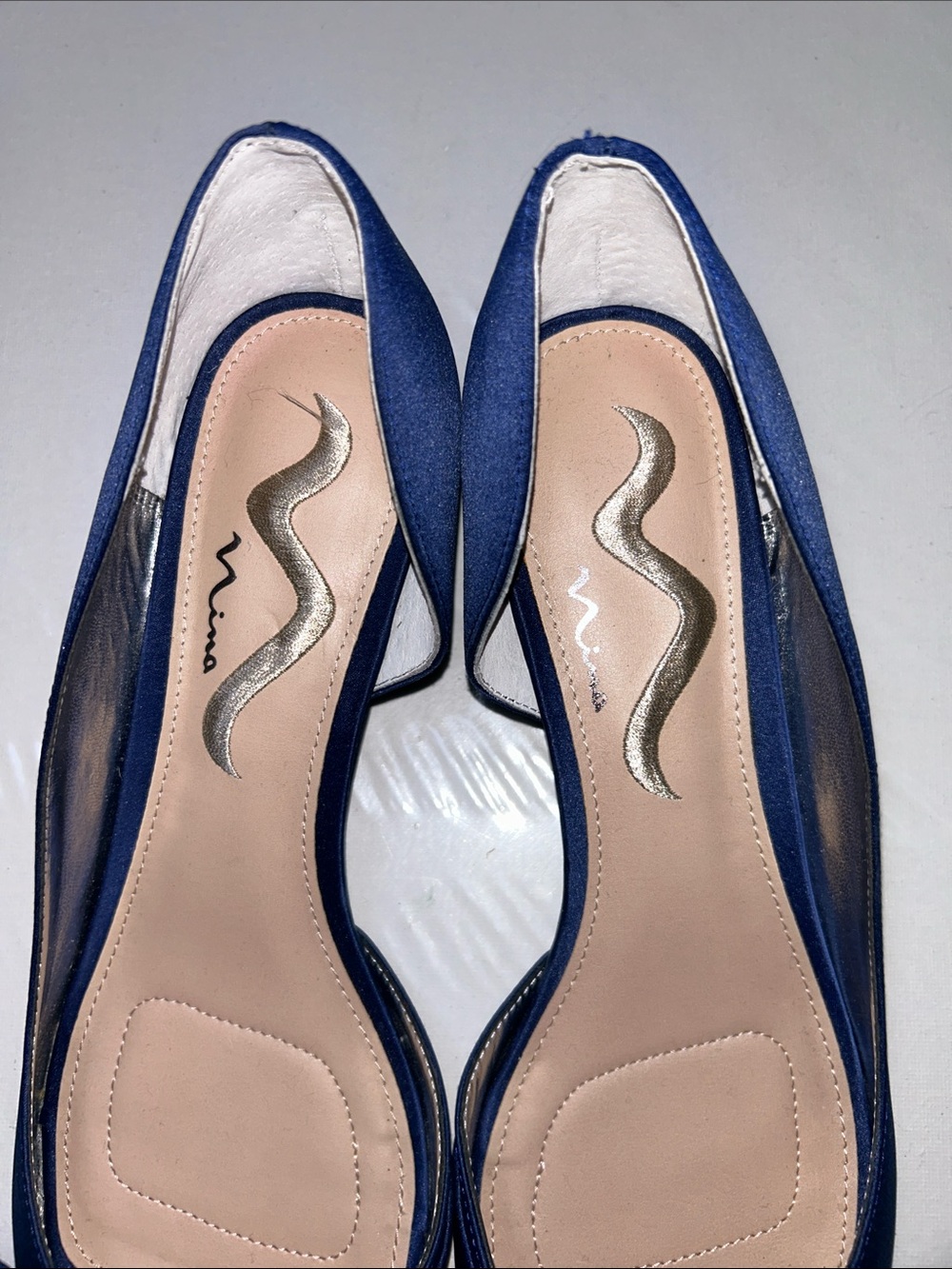 NWOB Nina Contesa D’Orsay Navy Blue Satin Peep Toe Flats w/ Bow & Rhinestone 10W - Picture 5 of 9